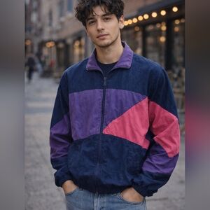 Vintage 1980s Cheetah Colorblock Windbreaker Jacket | Purple Blue Pink | M